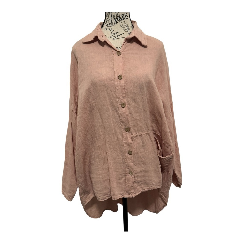 Saga Italy 2X Women's Pink Button-Up Top Linen